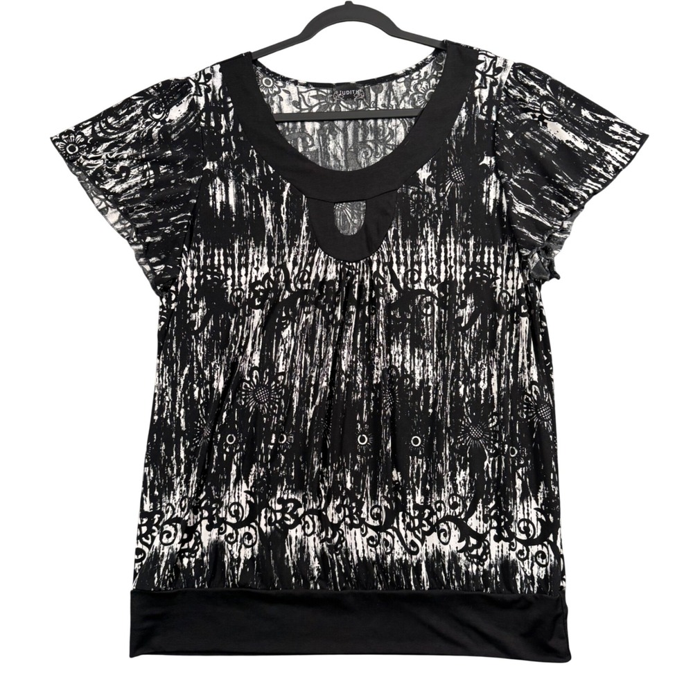 Judith‎ Black White Abstract Keyhole Blouse Flutter Sleeve Minimalist Top
